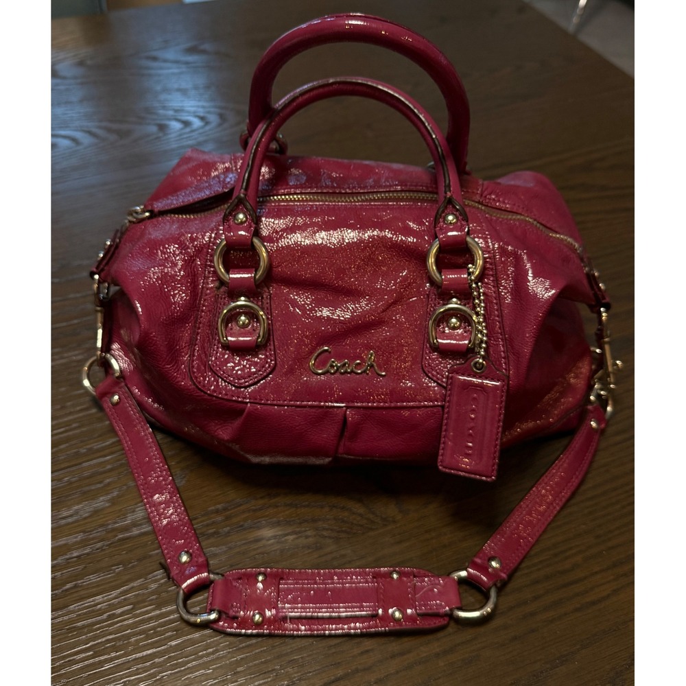 Coach Y2K Ashley Satchel Merlot crinkle Patent Leather Handbag Removeable stap